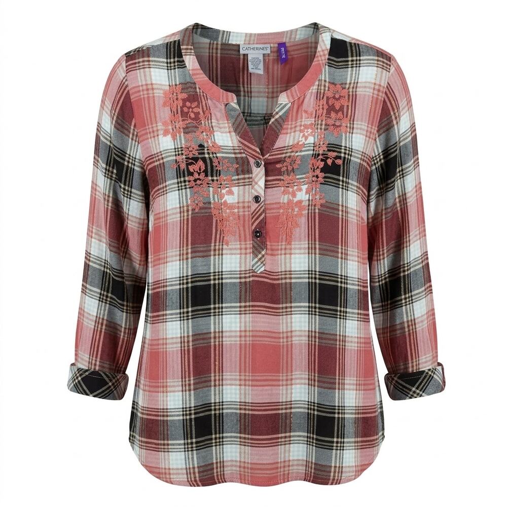 Catherines Pink Plaid Embroidered Split Neck Henley Blouse Women Size 1XWP